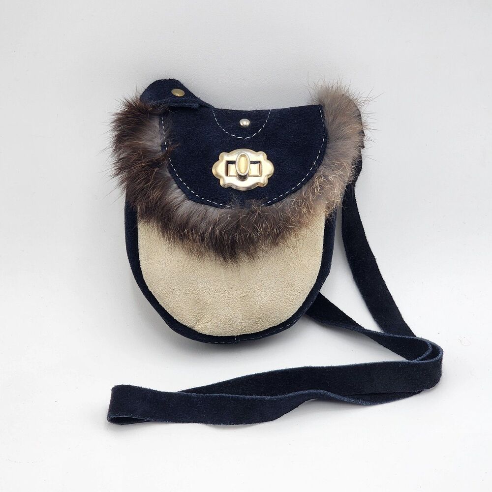 Vintage Handmade Genuine Leather Fur Trim Mini Pouch Crossbody Bag